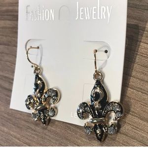 New Orleans Rhinestone Fleur de Lis Hook Earrings